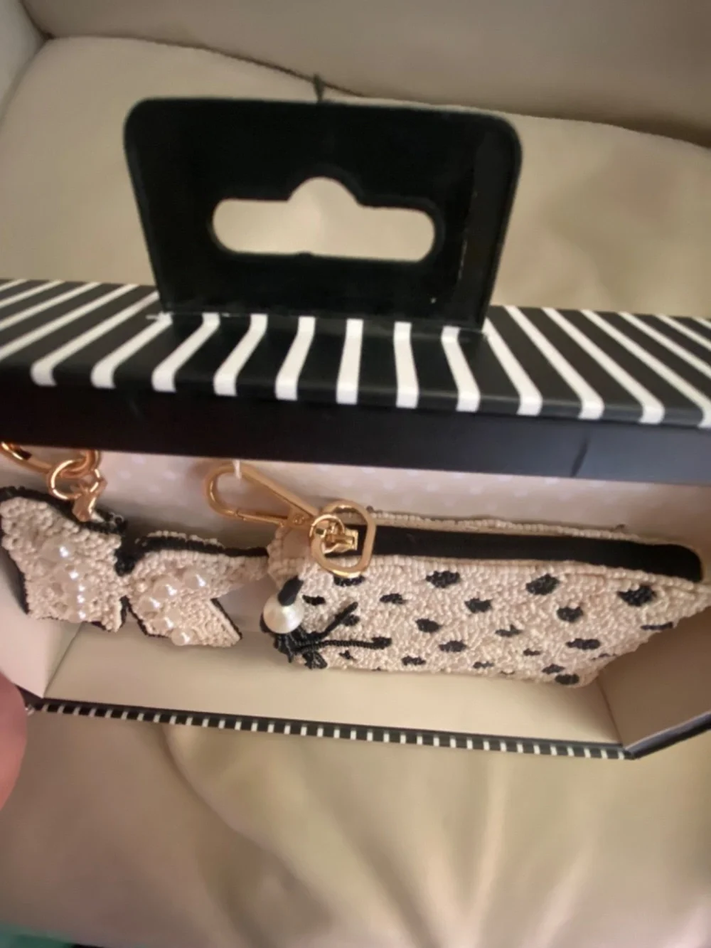 NIB India Handmade Beaded Pouch and Bag Tag Set Polka Dot 